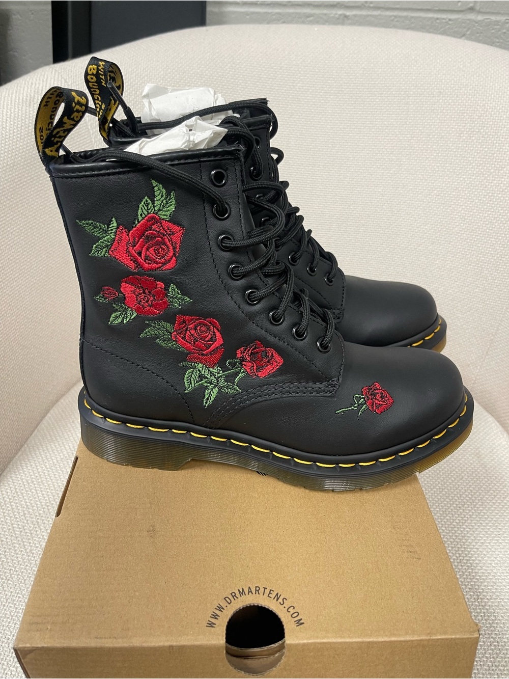 Dr. Martens Black Lace-Up Boots with Red Rose Embroidery